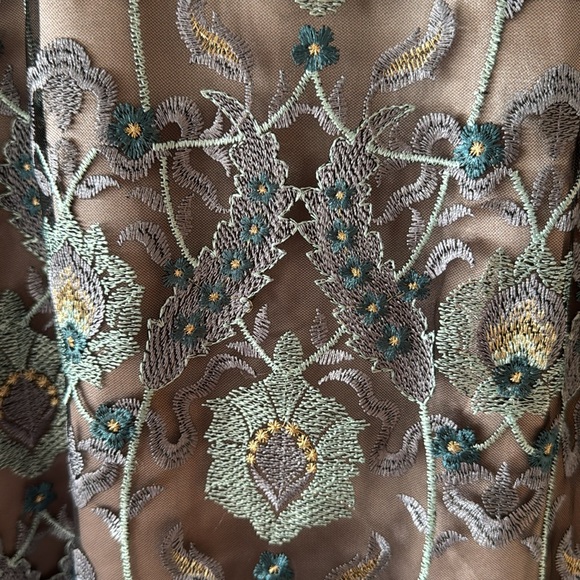 JS Collections brocade illusion over taupe satin gown. Lavender, aqua, teal. - Picture 4 of 13